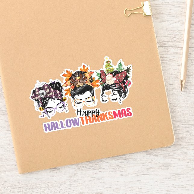 Pegatina Messy bun mama Feliz Hallowthanksmas (Cuaderno)