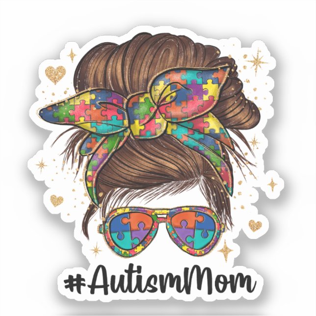 Pegatina Messy Bun Orgulloso Autismo Mamá (Anverso)