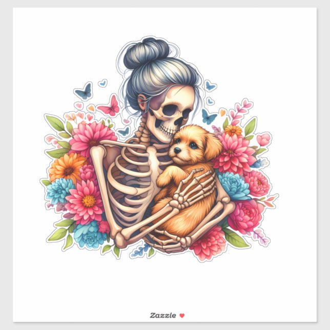 Pegatina Messy Bun Skeleton Cute cachorro Perros Amantes de (Hoja)