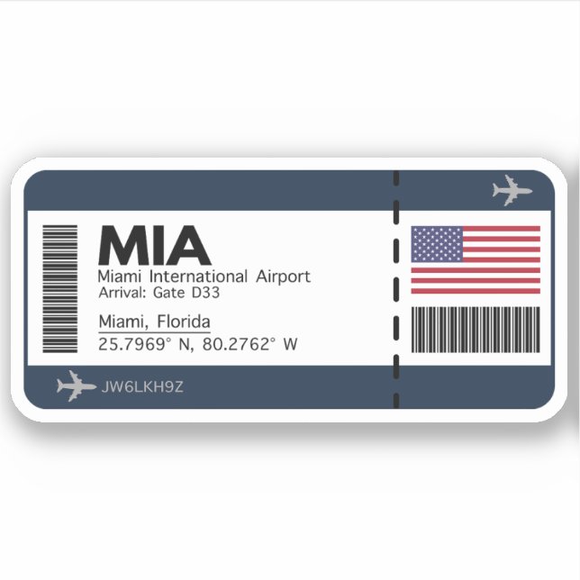 Pegatina MIA Miami Boarding Pass - Estados Unidos Ticket (Anverso)
