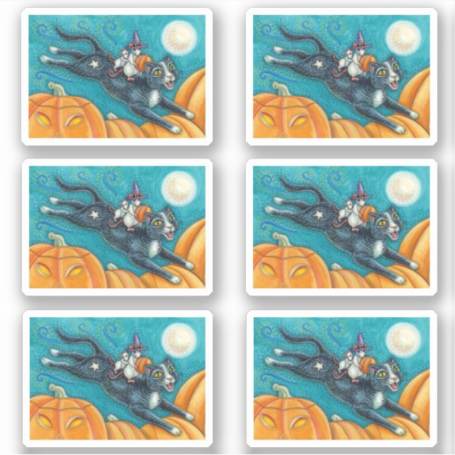 PEGATINA MICE BLANCO Y GATO NEGRO EN LA CAZA DE HALLOWEEN S (Anverso)