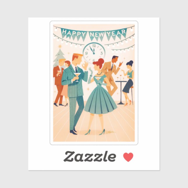 Pegatina Mid Century Happy New Year The Martini Dance (Hoja)