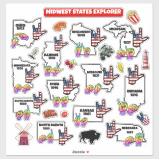 Pegatina Midwest Learning Map – ASL & State Symbols