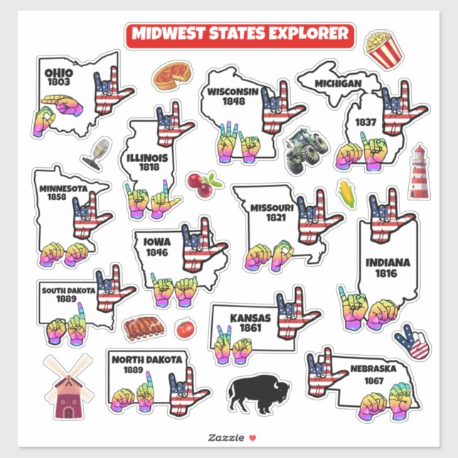 Pegatina Midwest Learning Map – ASL & State Symbols (Hoja)