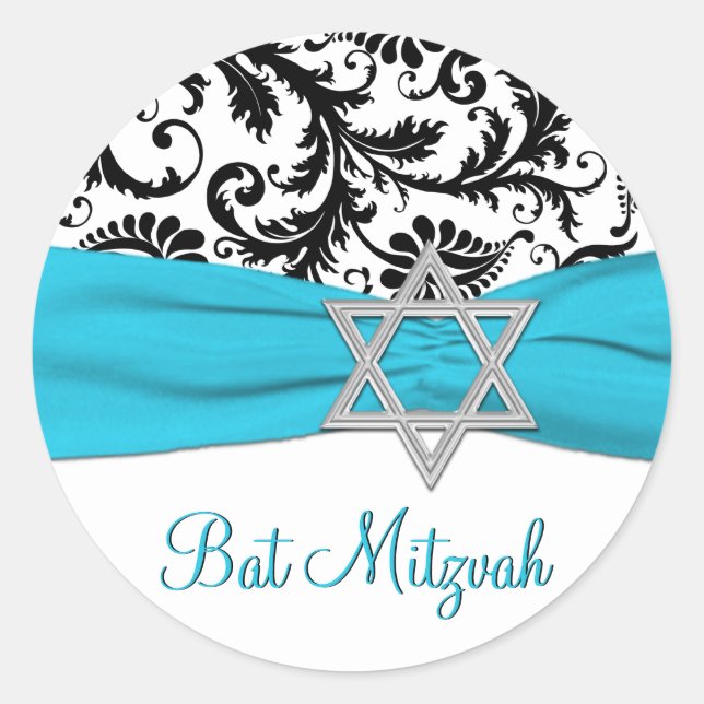 Pegatina Mitzvah de Bat Damask azul, blanco y negr (Anverso)