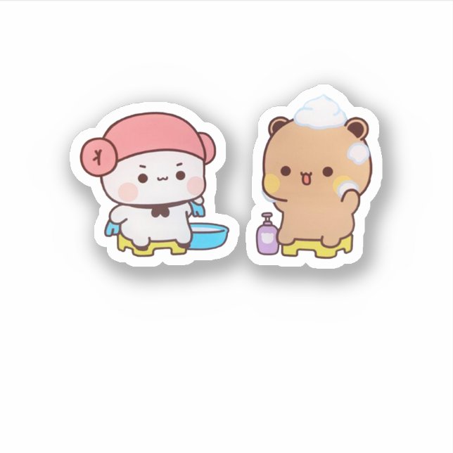 Pegatina Mochi Panda Y Brownie Bear En El Baño (Anverso)