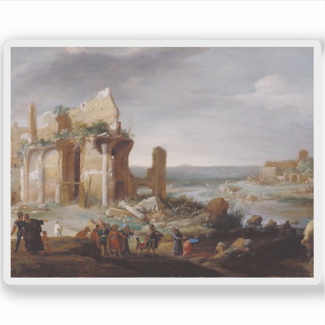 Pegatina Moisés y Aarón cambian los ríos de Egipto a sangre (Anverso)