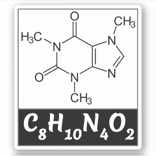Pegatina Molécula de cafeína (Fórmula química C8H10N4O2) (Anverso)
