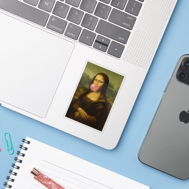 Pegatina Mona Lisa Soplando Goma Rosa (Ordenado portátil con iPhone)