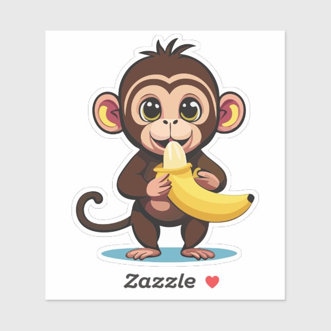 Pegatina Mono lindo bebé con su banana favorita para la com (Hoja)