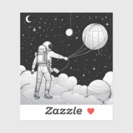 Pegatina Monochrome Astronaut Holding Balloon Planet 