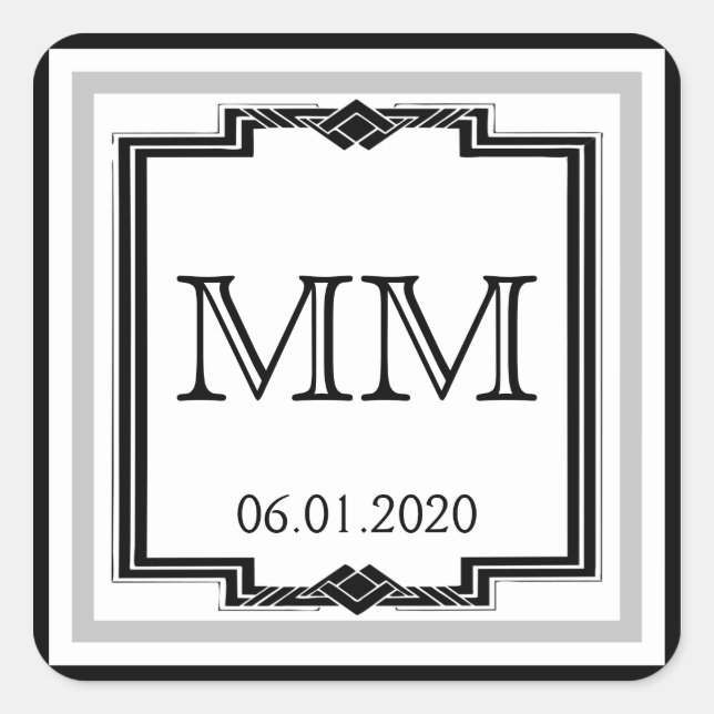 Pegatina Monograma Art Decó de color blanco negro  (Anverso)