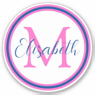 Pegatina Monograma azul preppy rosa y naval