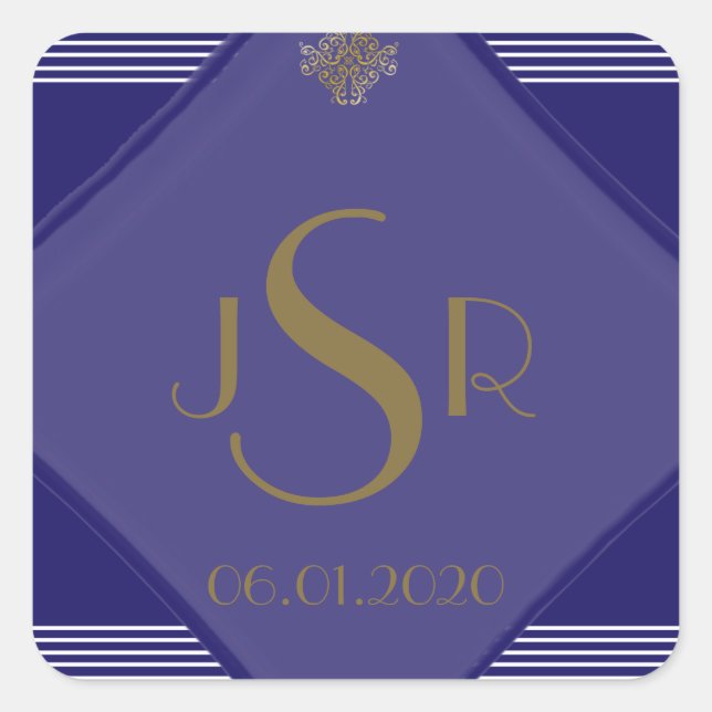 Pegatina Monograma Boda de Navy Blue Art Deco Posh (Anverso)