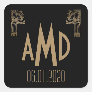 Pegatina Monograma de Black and Gold Art Deco Peac