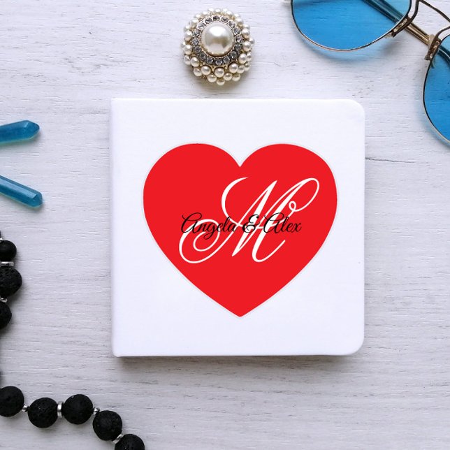 Pegatina Monograma de corazón rojo para boda elegante (Monogrammed Heart Sticker for a Note Book)