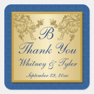 Pegatina Monograma de Damasco floral azul y dorado