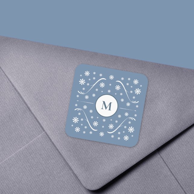 Pegatina monograma de energía de flor azul turbio (Dusty Blue Flower Power Monogram Sticker)