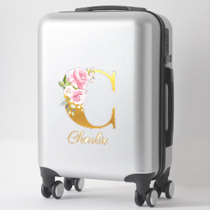 Pegatina Monograma floral Letra inicial C Nombre personaliz