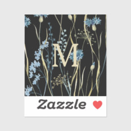 Pegatina Monograma Floral Luz azul y oro en negro