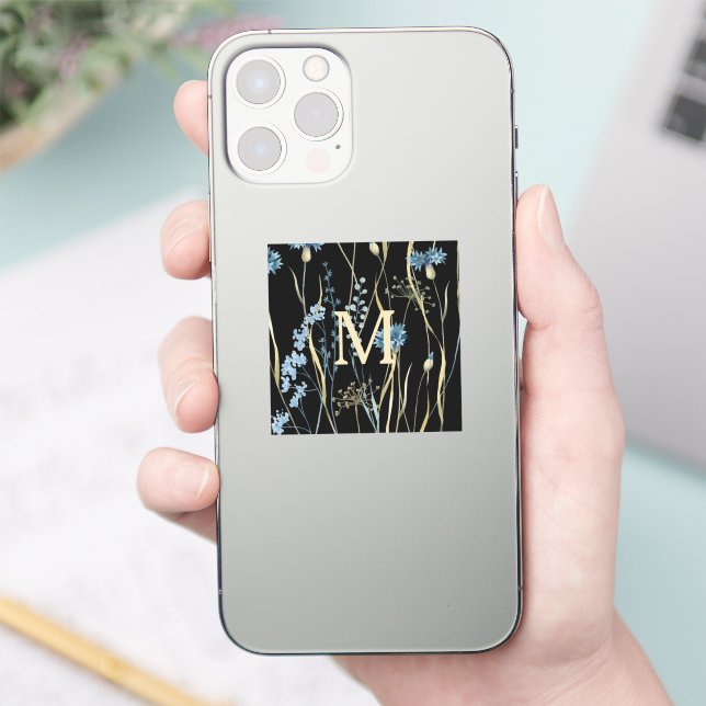 Pegatina Monograma Floral Luz azul y oro en negro (Teléfono)
