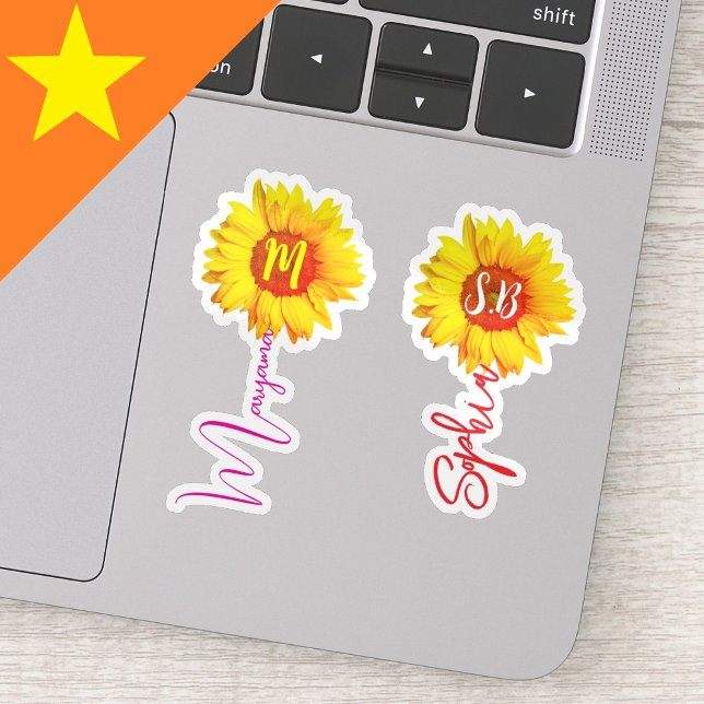 Pegatina (Monograma girasol para Chicas) Nombre manuscrito (personalized sunflower gifts, trendy name stickers, cute floral decals)