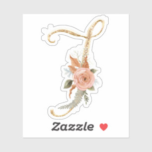 Pegatina Monograma inicial J Purpurina Gold Peony Rosa Flor