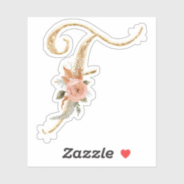 Pegatina Monograma inicial Purpurina de oro Peony Rosa Flor