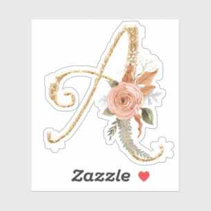 Pegatina Monograma Inicial Purpurina Oro Peony Rosa Floral