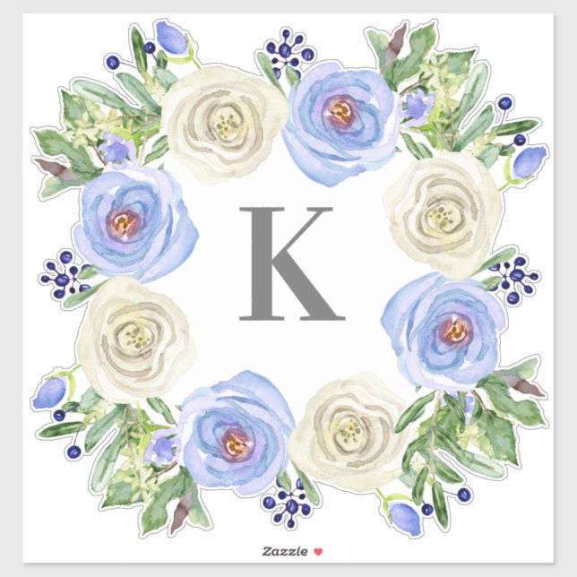 Pegatina Monograma M Boda Azul n Floral rosa blanca (Hoja)