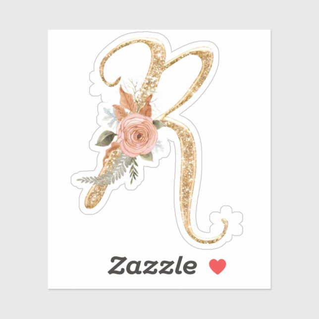 Pegatina Monograma Purpurina inicial R Oro Peony Rosa Flora (Hoja)