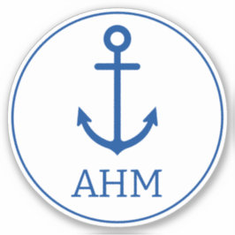 Pegatina Monograma simple de ancla náutica azul y blanca