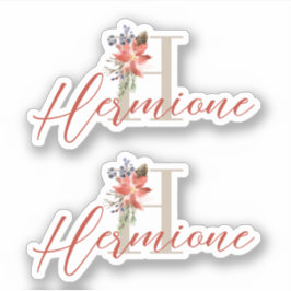 Pegatina Monograma y nombre de poinsettia de acuarela de va