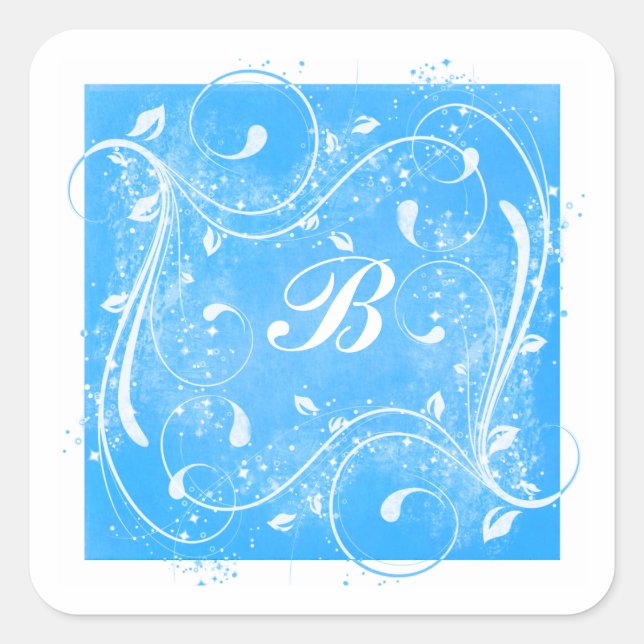 Pegatina monogramado Blue and White Swirls de 1,5" (Anverso)