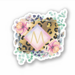 Pegatina Monogramado rosa rosado de bonito Girly Leopard Pr