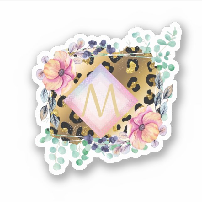 Pegatina Monogramado rosa rosado de bonito Girly Leopard Pr (Anverso)