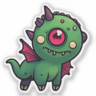 Pegatina Monstruo Cíclope Verde Lindo - Bestia Dragón Kawai