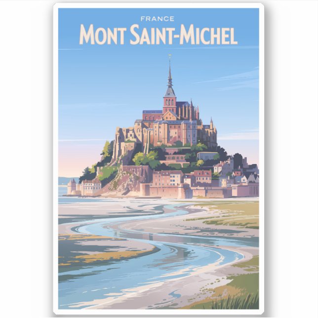 Pegatina Mont Saint Michel Illustration Travel Art Vintage (Anverso)