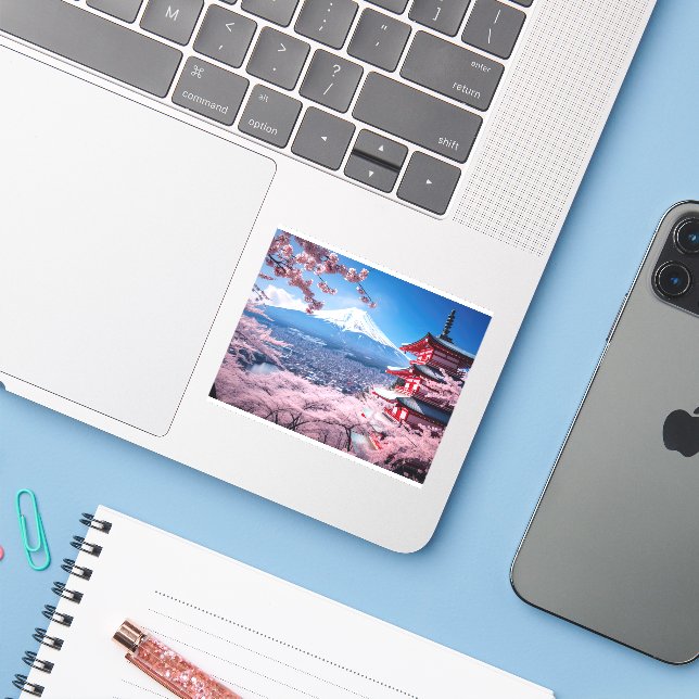 Pegatina Montaña Fuji pintada en temporada de flores de cer (Ordenado portátil con iPhone)