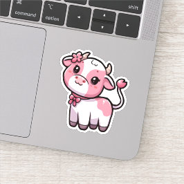 Pegatina Moo de la flor: vaca rosa con cinta y flor