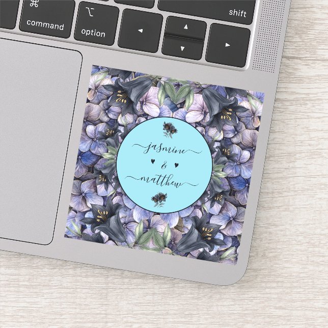 Pegatina Moody Black Floral Classic Couple Names Wedding (Detalle)