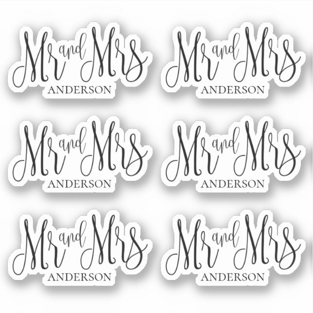 Pegatina Mr y mrs negros y blancos. Guión boda moderno (Anverso)