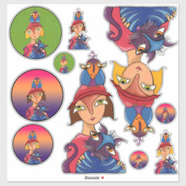 Pegatina Muchas, muchas damas de pájaros, gatos