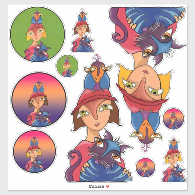 Pegatina Muchas, muchas damas de pájaros, gatos (Hoja)