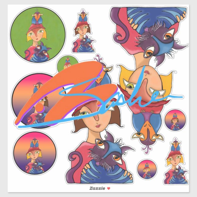 Pegatina Muchas, muchas damas de pájaros, gatos (Hoja)