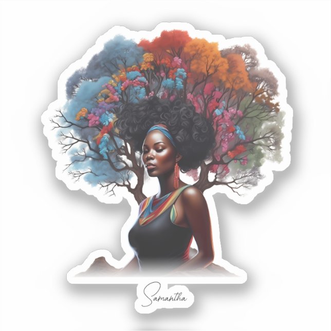 Pegatina Mujer afroamericana con pelo adornado con árbol (Anverso)