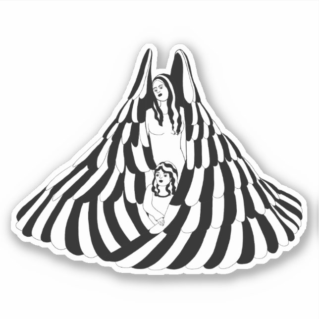 Pegatina Mujer ángel guardiana con arte de niña (Anverso)