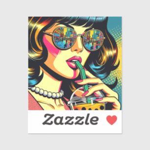 Pegatina Mujer Bonita de Cómic de Pop Art Bebiendo Boba
