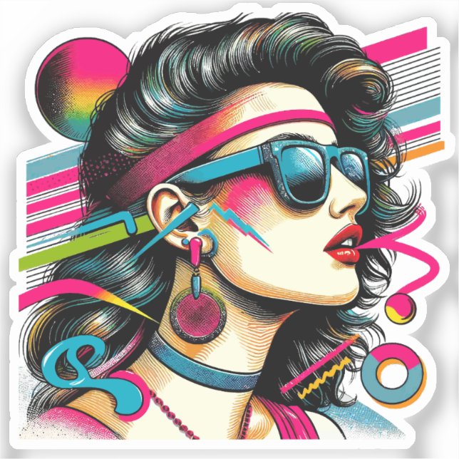 Pegatina Mujer con gafas de sol arte pop colorido (Anverso)