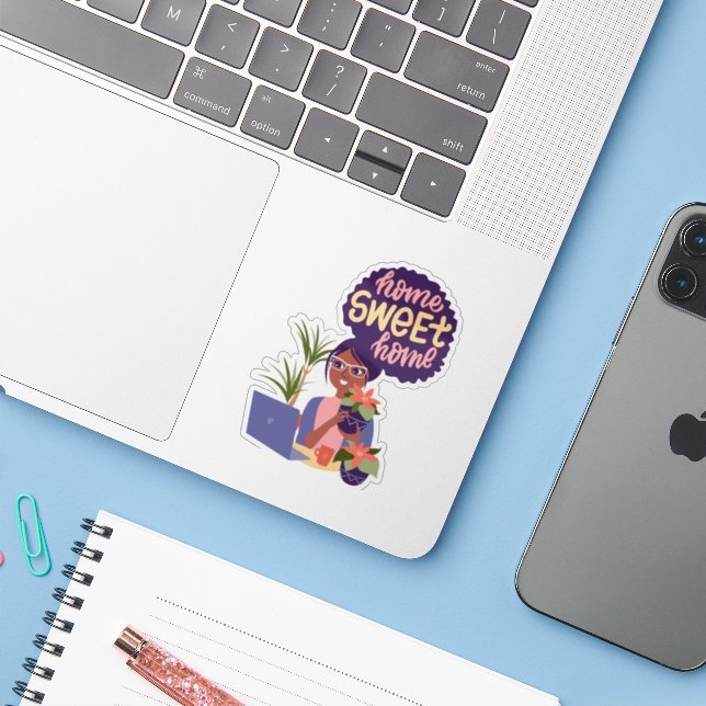 Pegatina Mujer negra: Ladrón de plantas locas, hogar dulce  (Ordenado portátil con iPhone)